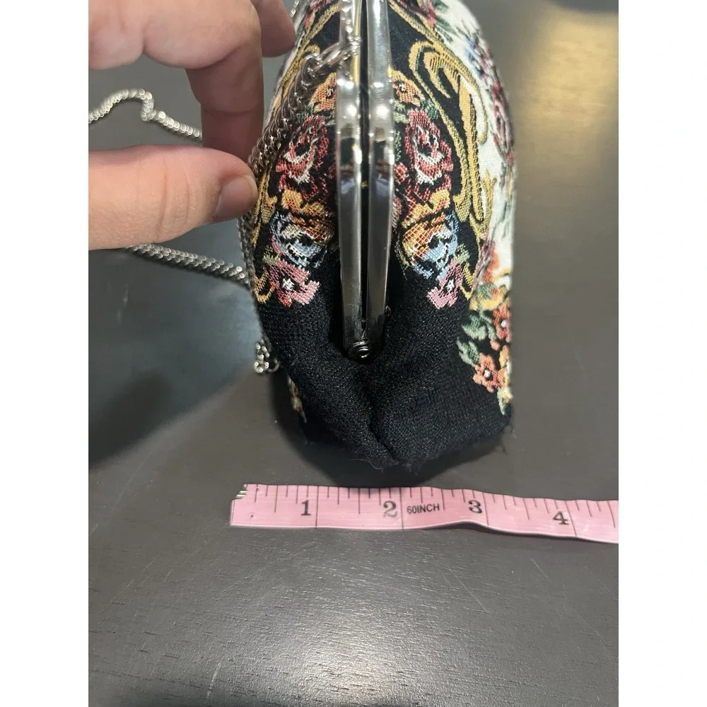 Vtg Floral Tapestry Clutch Purse Metal Chain Strap Black Floral Mad In Hong Kong
